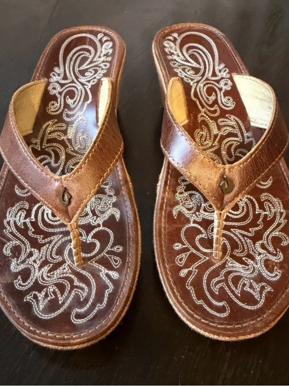 OluKai Women's Paniolo Brown Embroidered Leather Thong Sandals